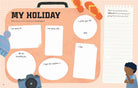 Children's book page with a travel-themed questionnaire on a suitcase illustration.
