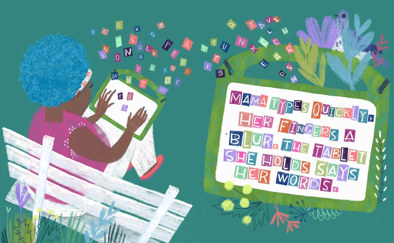 Illustration of a child learning to read with colorful letters and text on a green background