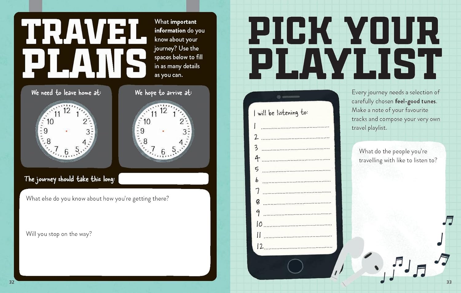 Travel planning checklist with clock, text input fields, and smartphone icon on a light blue background.