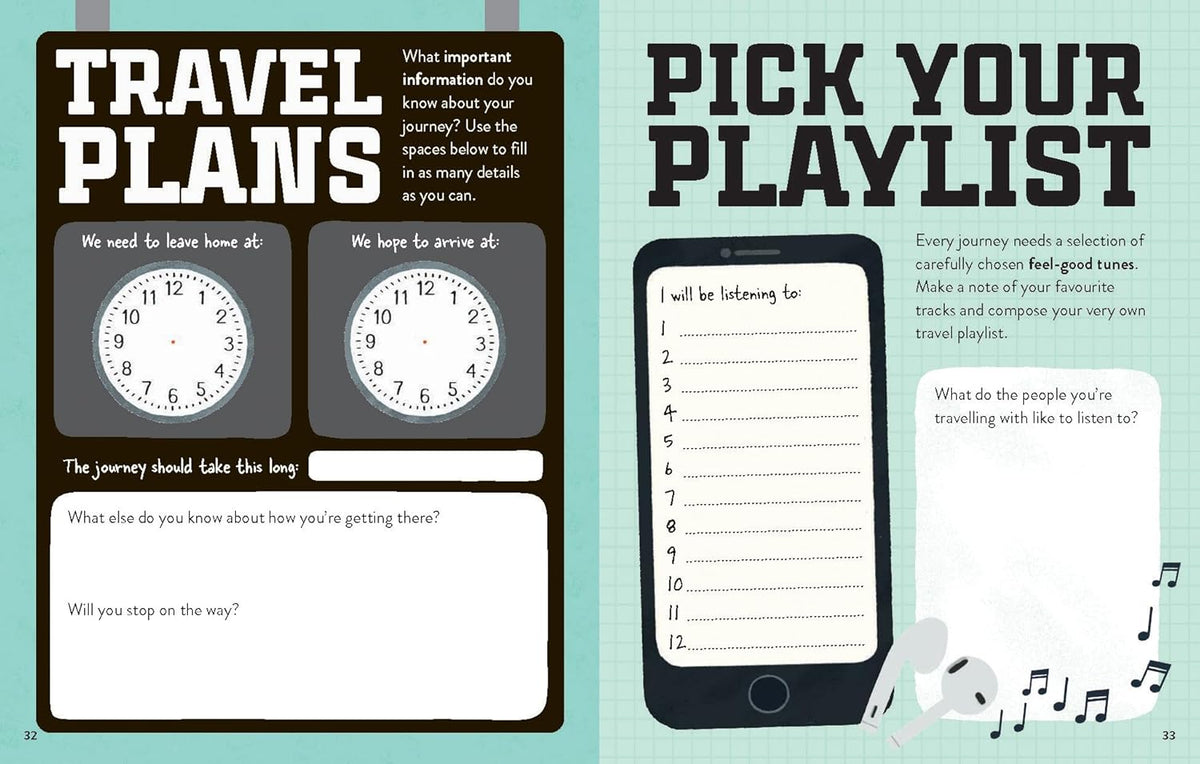 Travel planning checklist with clock, text input fields, and smartphone icon on a light blue background.