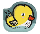 Yellow duck illustration with 'Duck & friends' text on a blue background