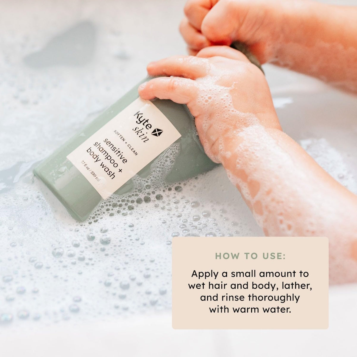 Person holding a bar of Kute Skins shampoo and body wash with text on how to use it.