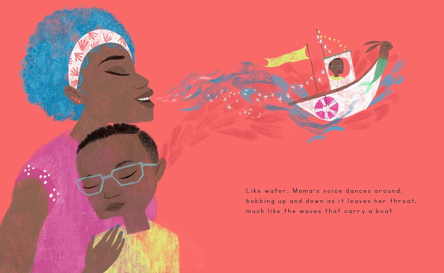 Illustration of a woman and child with a boat and colorful elements on a pink background