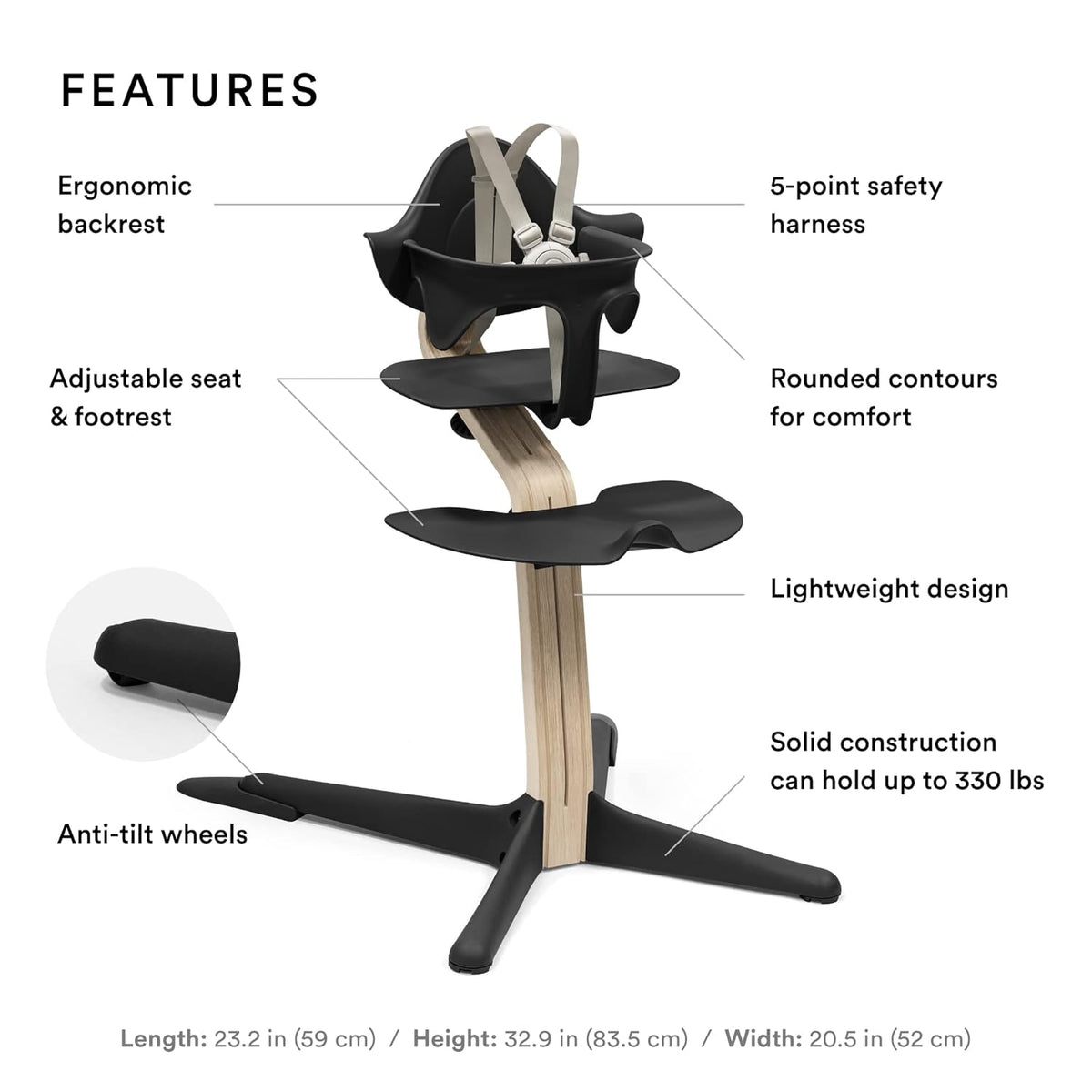 High chair with features highlighted on a white background