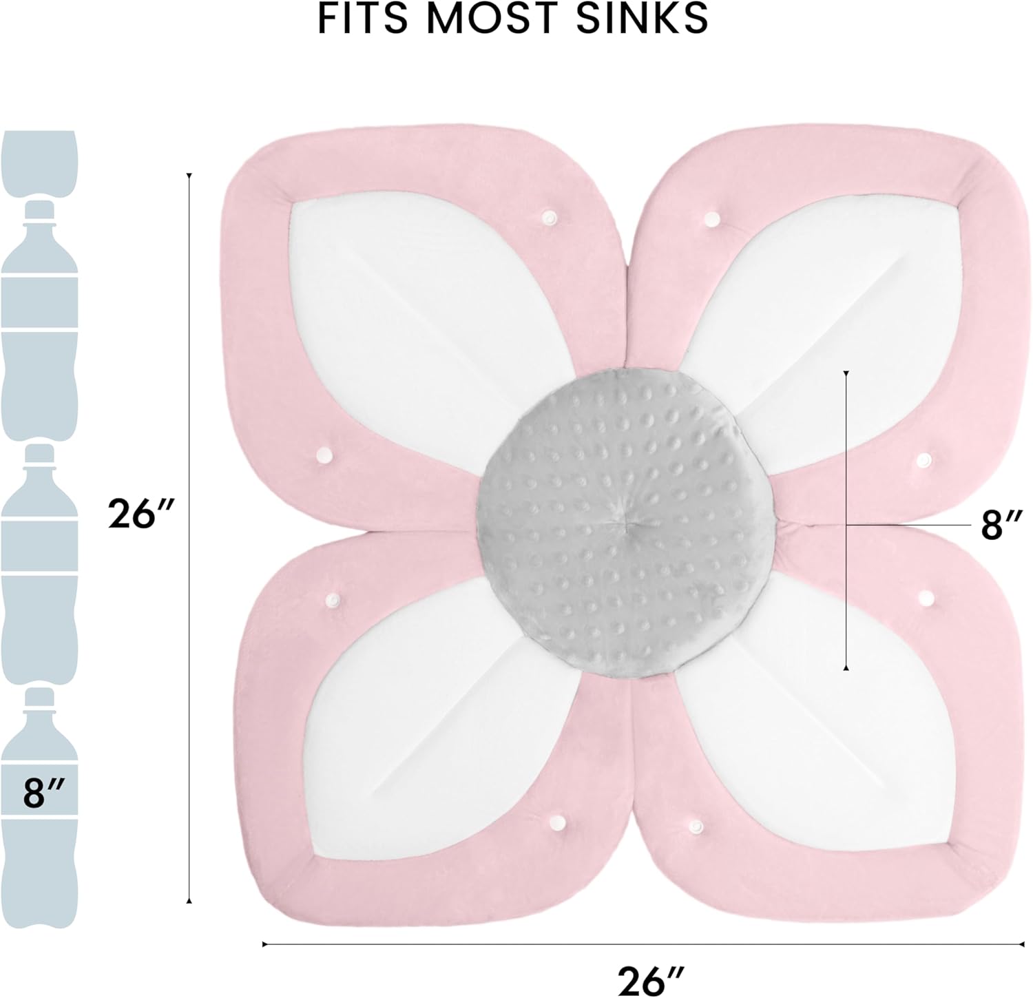 Pink and gray flower-shaped product with measurements on a white background