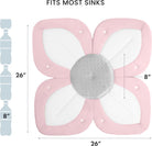 Pink and gray flower-shaped product with measurements on a white background