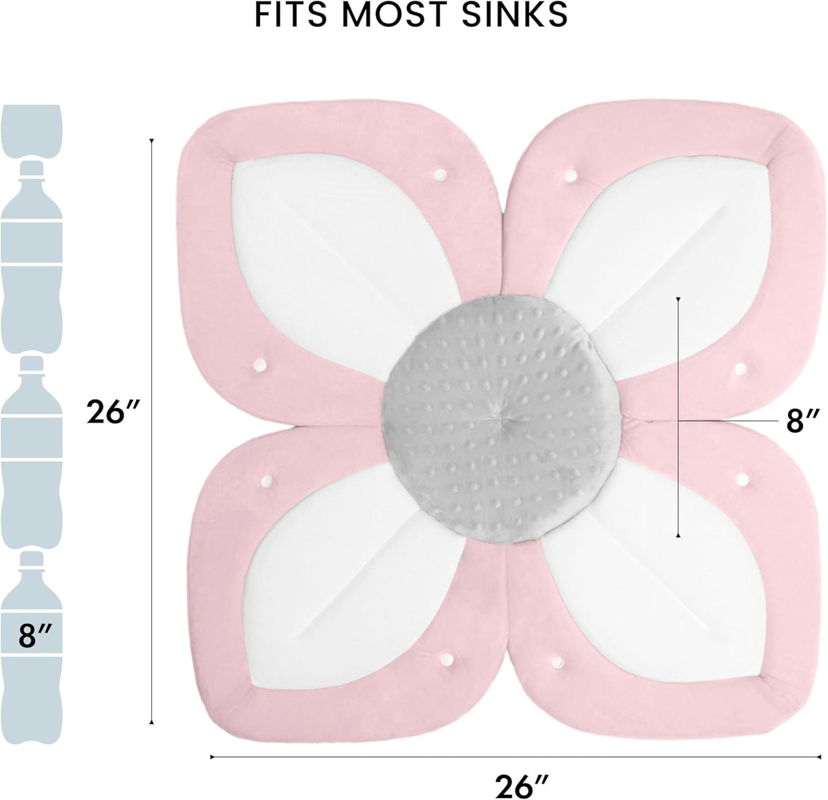 Pink and gray flower-shaped product with measurements on a white background