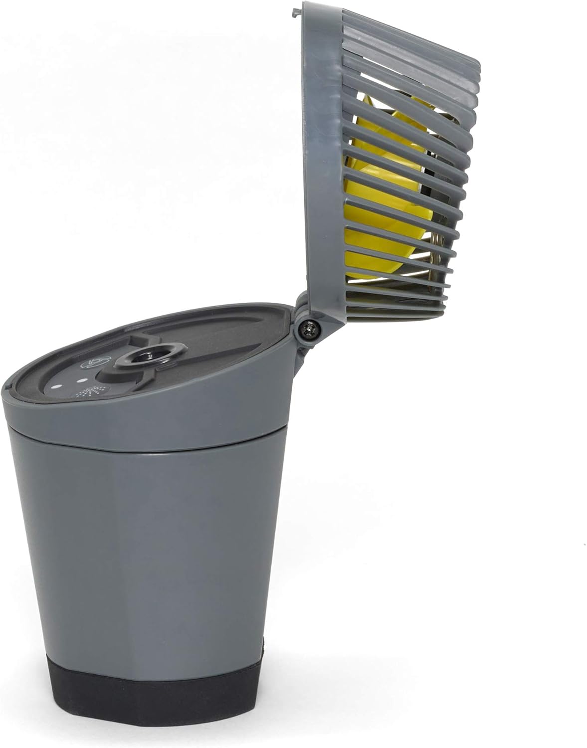 Gray and black portable trash can with a yellow liner on a white background