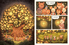 Open pages of The Star Tree: A Starlit Forest Tale featuring a large illustration of a glowing star-filled tree on the left page and three comic-style panels on the right page showing animal characters looking up in wonder and holding a glowing star.