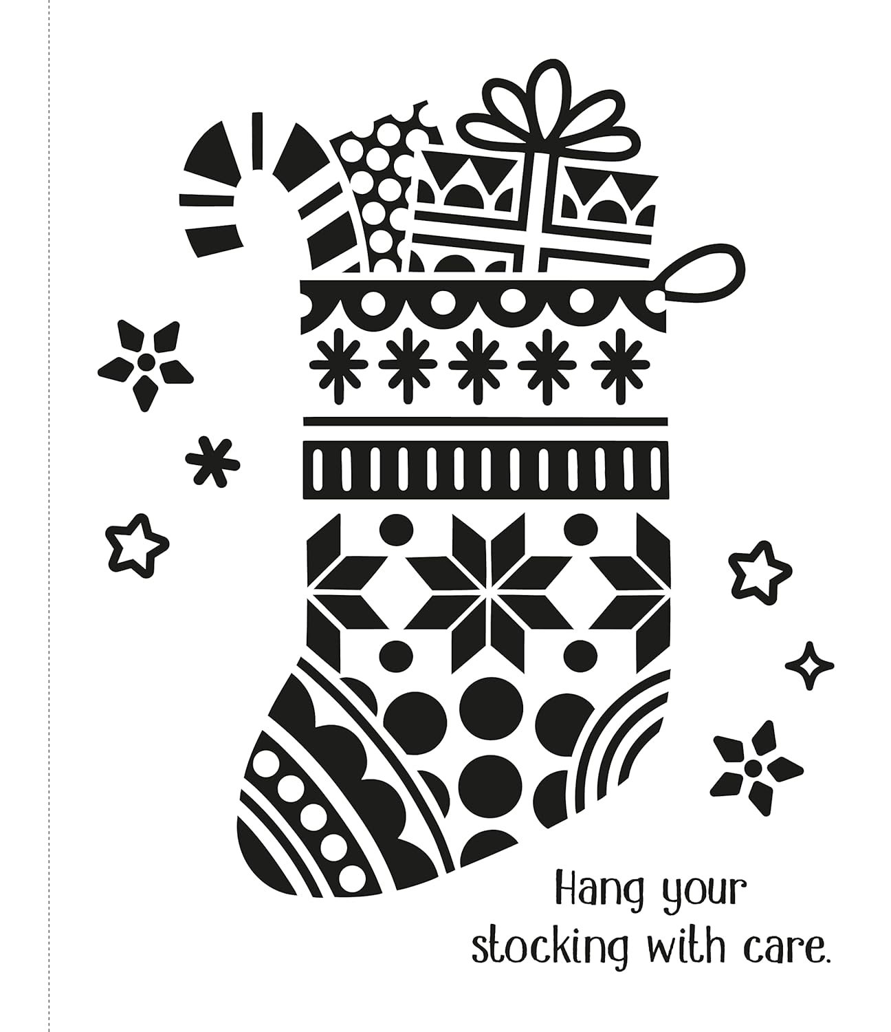 Decorative Christmas stocking with patterns and text on a white background