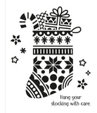 Decorative Christmas stocking with patterns and text on a white background