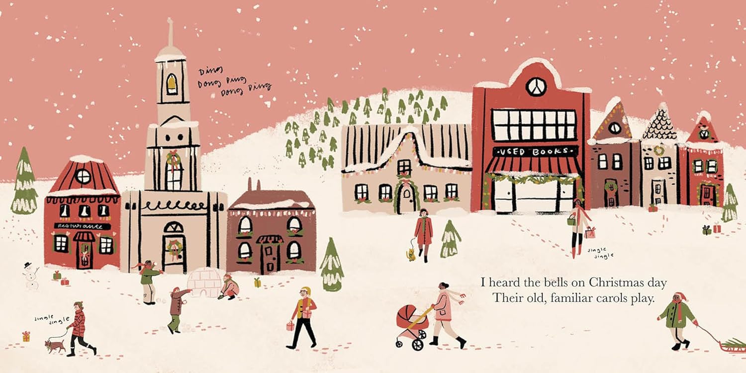 Illustration of a snowy village scene with people and buildings, featuring text about Christmas.