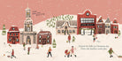 Illustration of a snowy village scene with people and buildings, featuring text about Christmas.