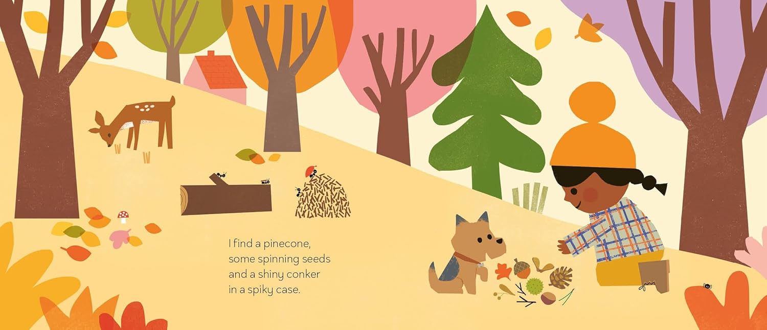 Illustration of a child and dog in a forest with trees and animals, autumn leaves on the ground.