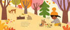 Illustration of a child and dog in a forest with trees and animals, autumn leaves on the ground.