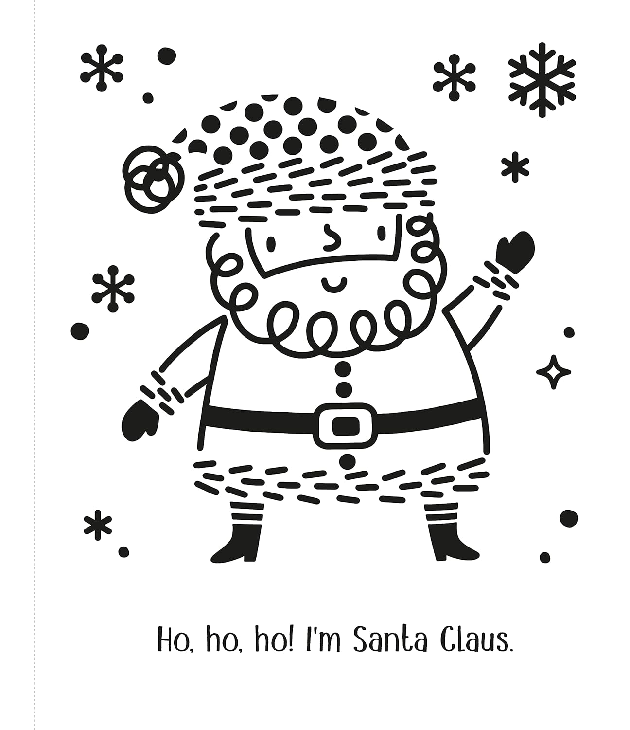 Black and white illustration of Santa Claus with snowflakes and stars on a white background.