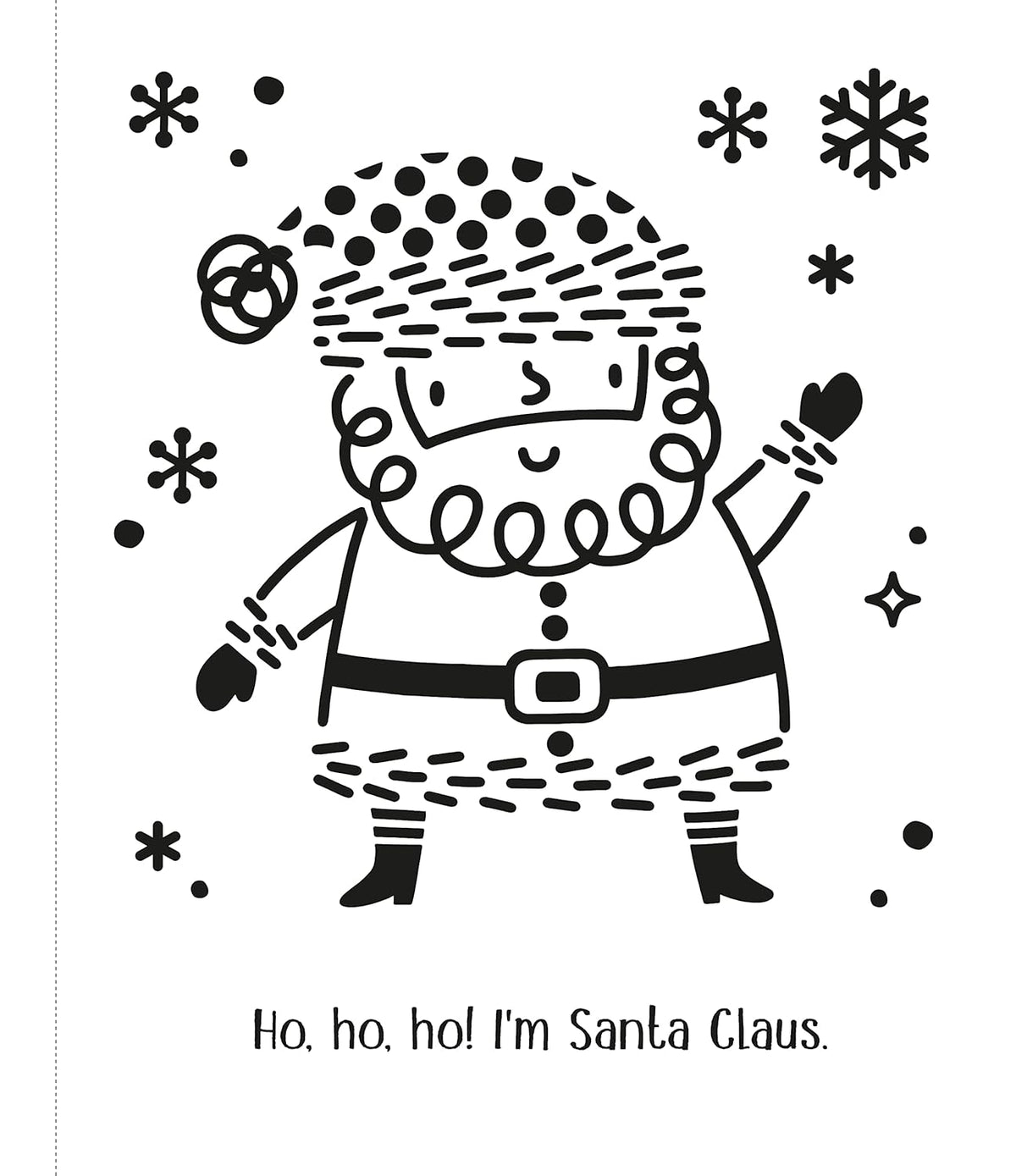 Black and white illustration of Santa Claus with snowflakes and stars on a white background.