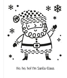 Black and white illustration of Santa Claus with snowflakes and stars on a white background.