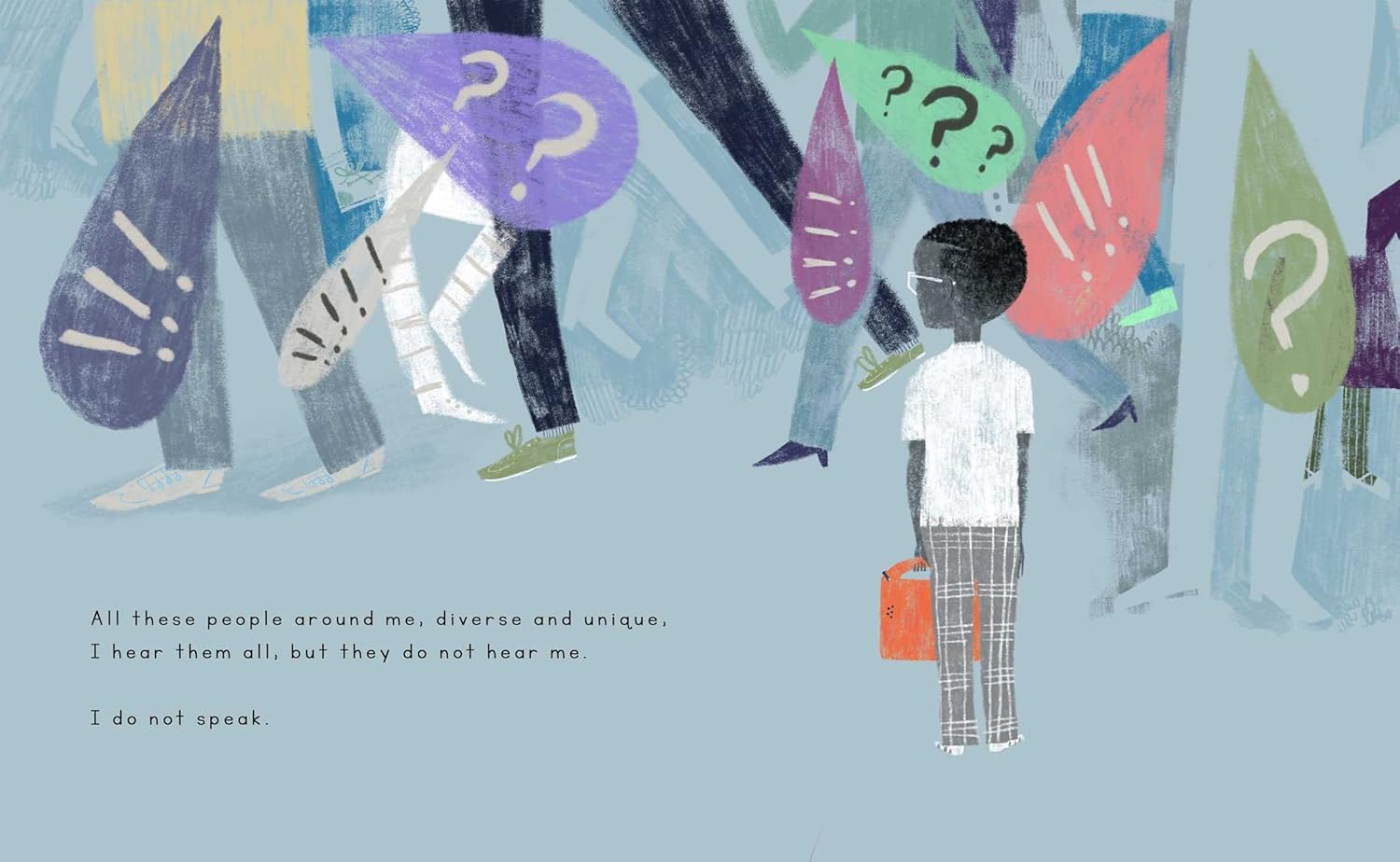 Illustration of a child standing among people with question marks above their heads on a blue background.