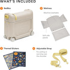 Beige bed box with mattress, themed stickers, and adjustable strap on a white background