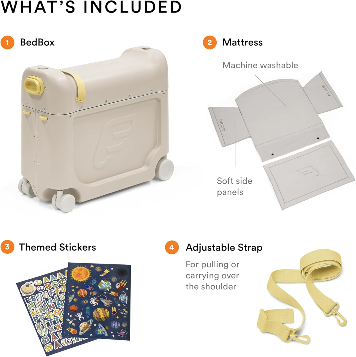 Beige bed box with mattress, themed stickers, and adjustable strap on a white background