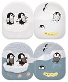 Set of four coasters with penguin designs on a white background