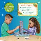 Two children playing with a board game, with text about learning benefits on a blue background.