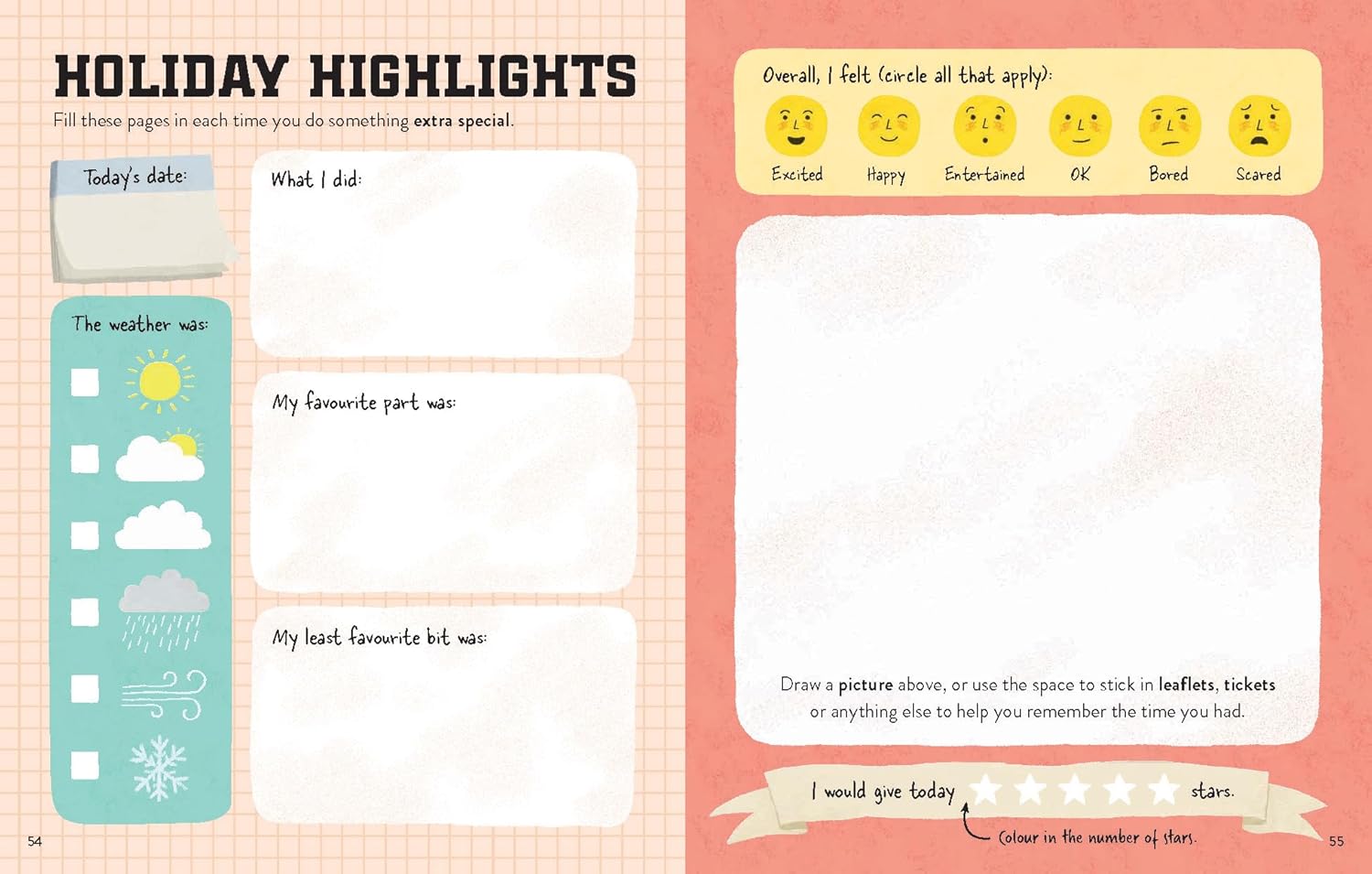 Page from a planner or journal with holiday highlights section and weather icon on a pink background.