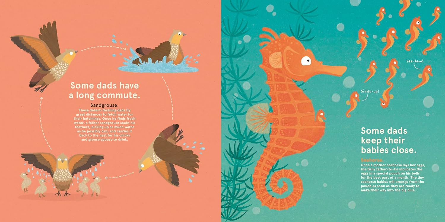 Illustrated book pages with seahorses and birds on a pink and blue background