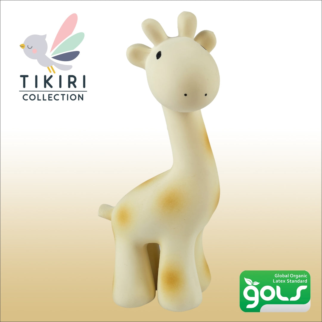 Giraffe-shaped toy with 'Tikiri Collection' branding on a light background