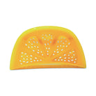 Yellow plastic strainer with holes on a white background