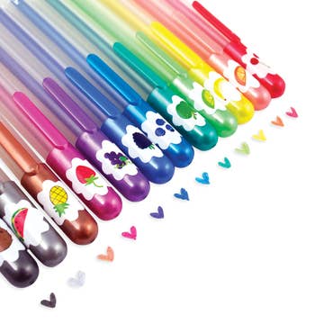 Set of colorful pens with cartoon designs on a white background