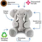 A plush gray elephant toy with white tusks, black bead eyes, and soft textured fur and features, sitting against a plain white background.