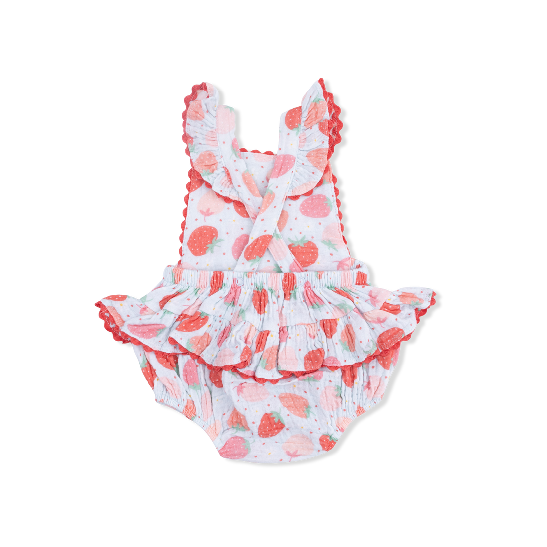 Baby romper with strawberry pattern on a white background