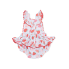 Baby romper with strawberry pattern on a white background