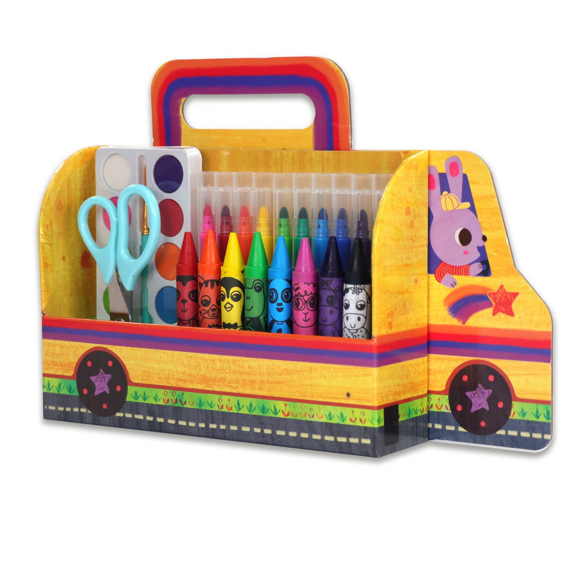 Colorful children's art kit with crayons, scissors, and a carrying case on a white background