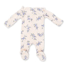 A long-sleeve baby footed sleeper in a soft cream fabric with a delicate blue and green floral print, laid flat on a white background.