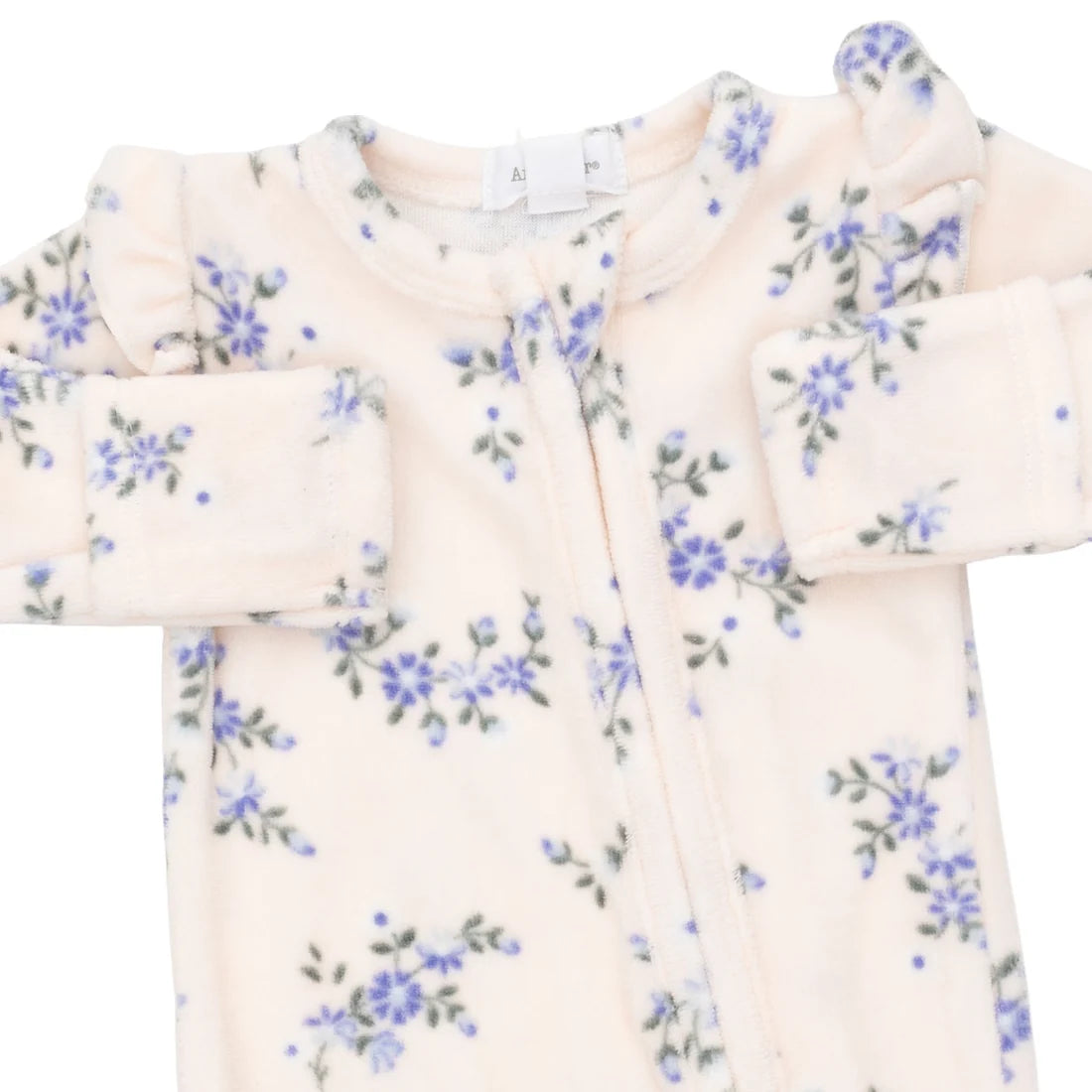 A close-up of a baby fleece footed sleeper in a soft cream color with a blue and green floral pattern, featuring a front zipper closure.