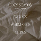 Text overlay on a textured beige background with 'Cozy Season Smells Like' text.