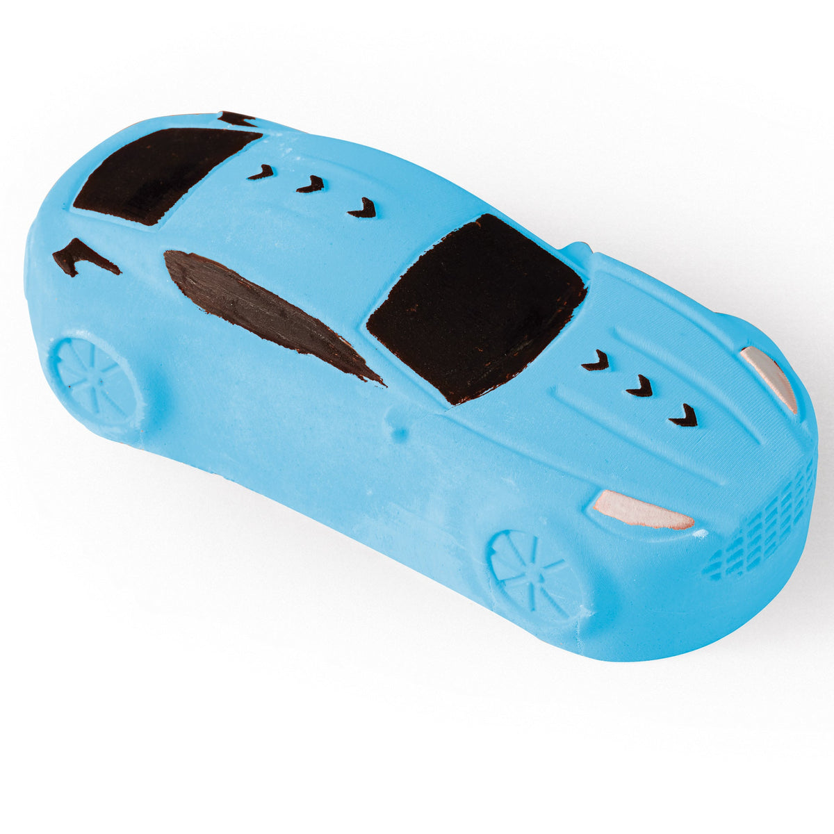 Blue toy car with black accents on a white background