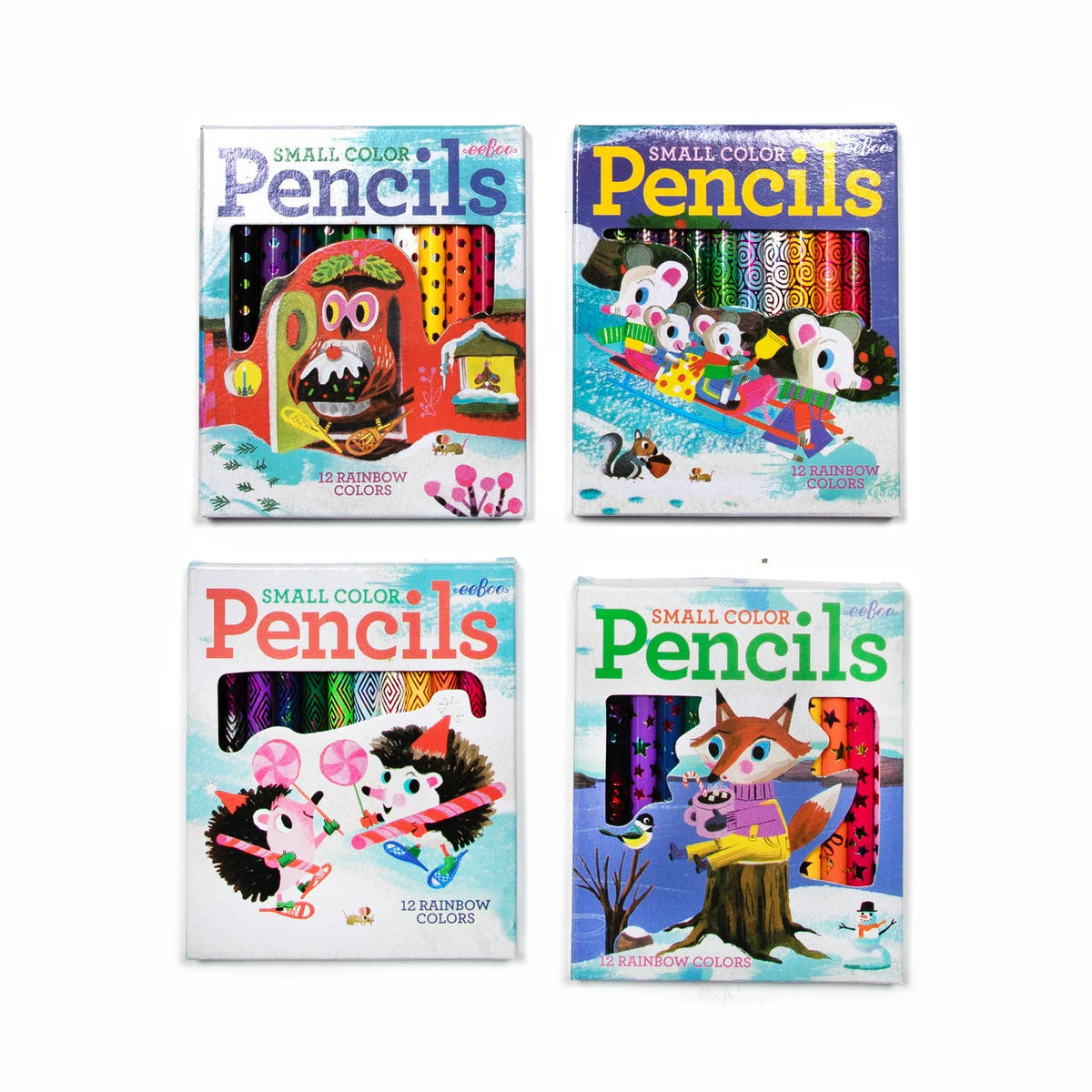 Four children's coloring pencil boxes arranged in a 2x2 grid on a white background. Each box shows colorful cartoon animals and the text 'Small Color Pencils' with '12 Rainbow Colors' visible through the clear window.