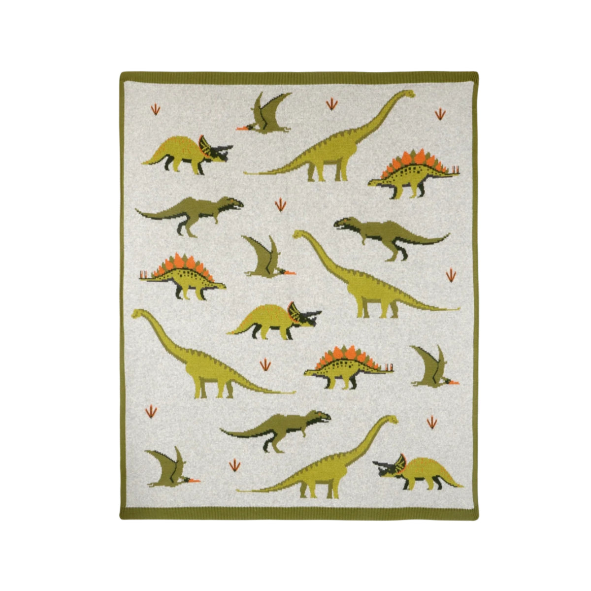 Blanket with green dinosaur illustrations on a white background