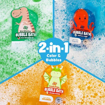 Three packages of bubble bath with colorful designs and text on a multicolored background.