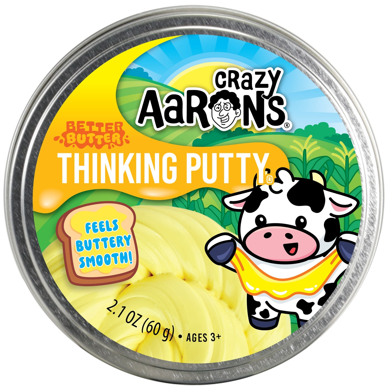 Crazy Aaron's Thinking Putty container with a cow character on a white background