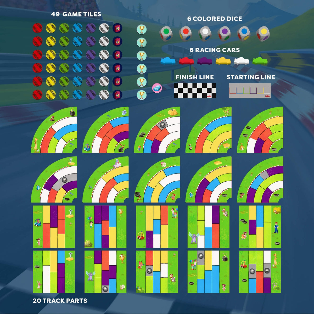 Game components including game tiles, colored dice, racing cars, finish line, and starting line on a blue background.