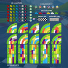 Game components including game tiles, colored dice, racing cars, finish line, and starting line on a blue background.