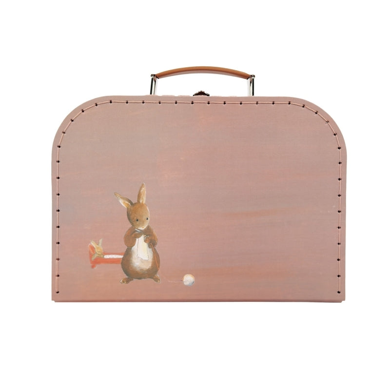 Pink suitcase with a rabbit illustration on a white background