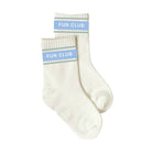 Pair of white socks with blue and green striped bands labeled 'Fun Club' on a white background.