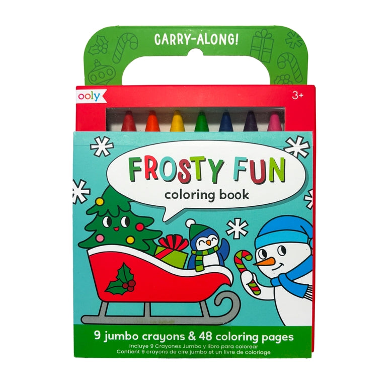 Ooly Frosty Fun Carry-Along coloring book in its retail packaging, featuring a red and green box with illustrations of a snowman, penguin, Christmas tree, and sleigh, and a row of crayons visible through a clear window.