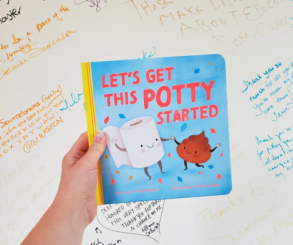Book titled 'Let's Get This Potty Started' held by a hand on a white background with writing.